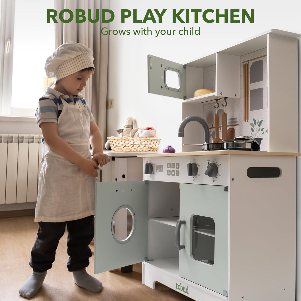 ROBUD Cocinas de Juegos de Madera, Cocina Infantil con Accesorios, Apta para niños a Partir de 3 años, Montessori