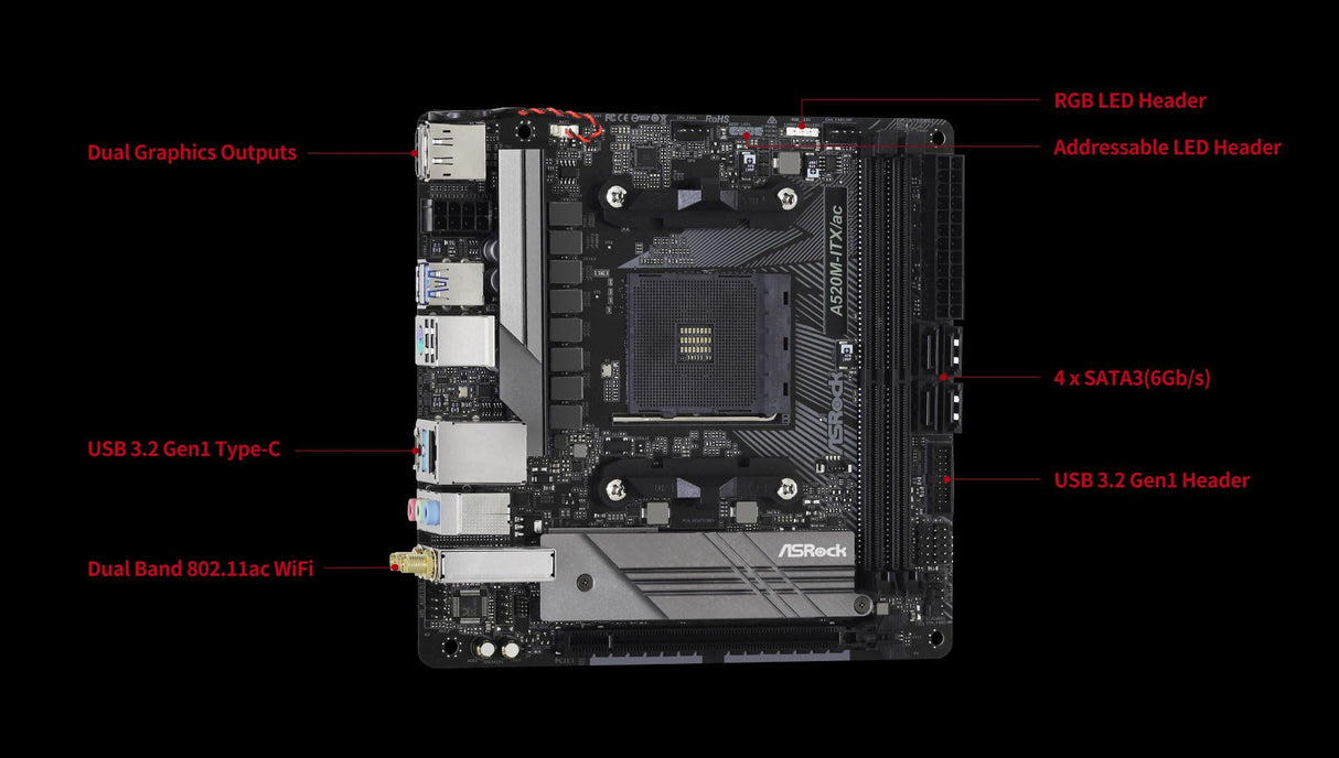 ASRock A520M-ITX / AC es compatible con la placa base de los procesadores AMD AM4 Ryzen ™ / Future AMD Ryzen ™ de tercera generación (series 3000 y 4000).