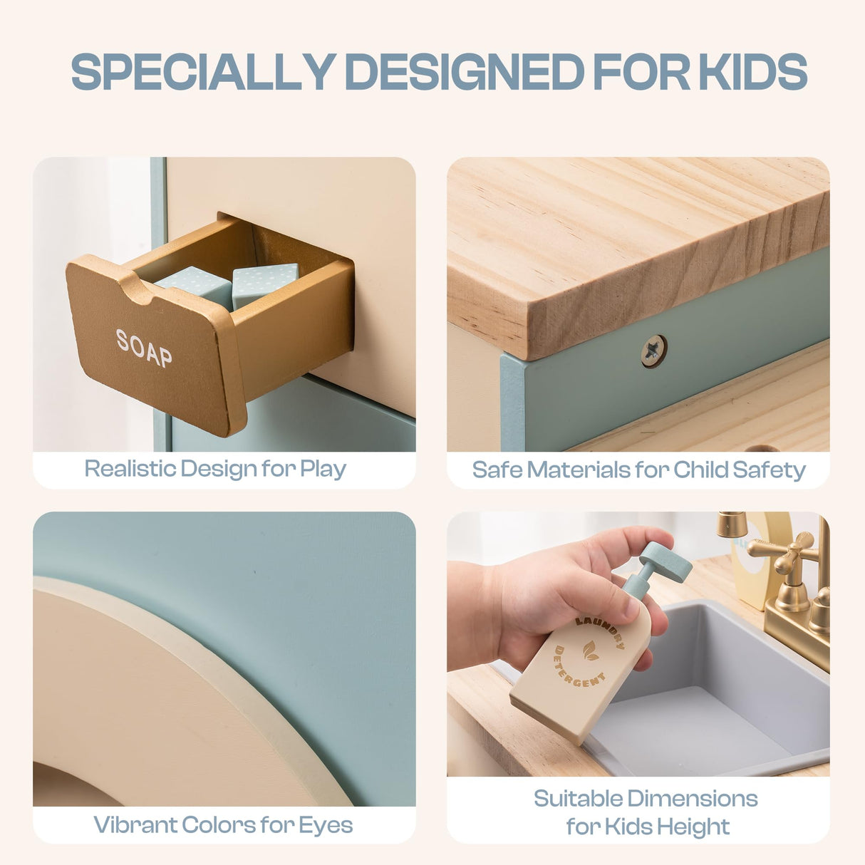 ROBUD Lavadora Infantil de Madera con Cesta de lavandería, Tabla de Planchar, detergente y más, Apta para niños a Partir de 3 años.