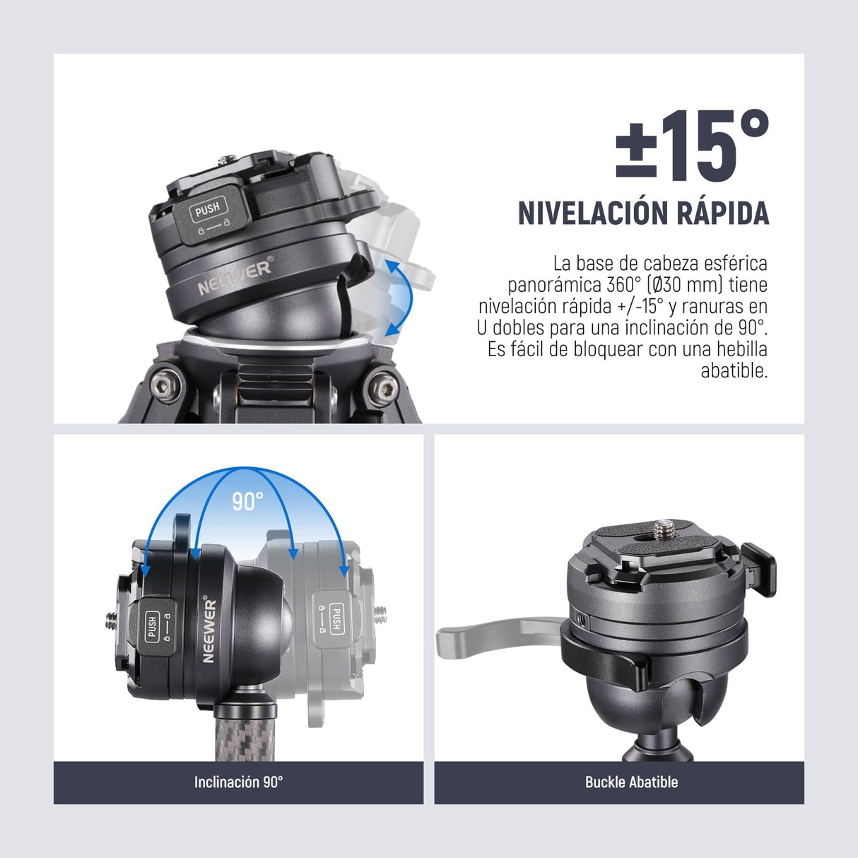 NEEWER LITETRIP LT32 62" Trípode de Viaje de Fibra Carbono con Base Niveladora de ±15°, Eje Central Desmontable, Hebilla de Giro Rápido, Placa QR Tipo Arca Compatible con Peak Design Capture V3