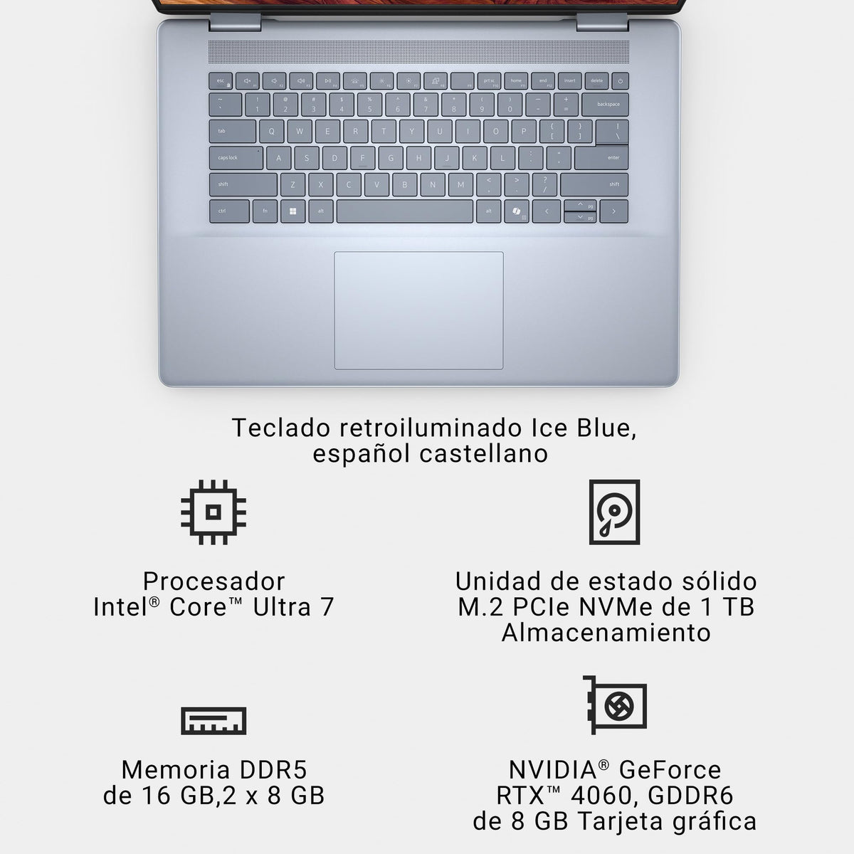 Dell Inspiron 16 Plus (7640) Ordenador Portátil de 16" 2.5K, Intel Core Ultra 7 Series 1, 16 GB de RAM, 1 TB SSD, NVIDIA GeForce RTX 4060, Windows 11 Home, Teclado Retroiluminado en Español, Ice Blue