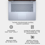 Dell Inspiron 16 Plus (7640) Ordenador Portátil de 16" 2.5K, Intel Core Ultra 7 Series 1, 16 GB de RAM, 1 TB SSD, NVIDIA GeForce RTX 4060, Windows 11 Home, Teclado Retroiluminado en Español, Ice Blue