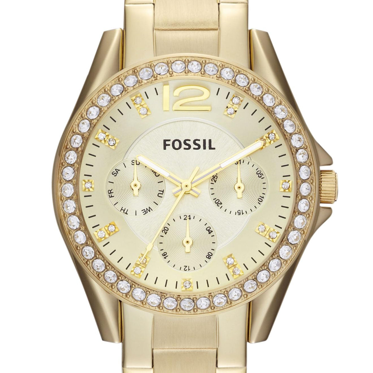 Fossil Riley Reloj para mujer, movimiento cronógrafo con correa de acero o piel, Dorado y purpurina, 38MM