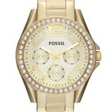 Fossil Riley Reloj para mujer, movimiento cronógrafo con correa de acero o piel, Dorado y purpurina, 38MM
