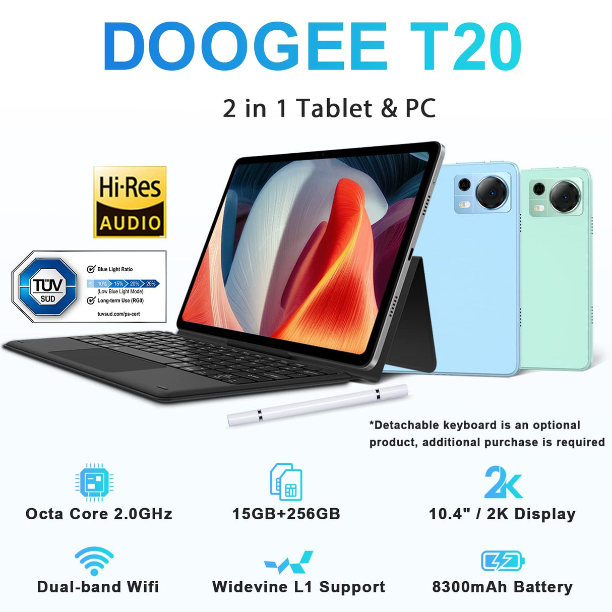 DOOGEE T20 Android 12 Tablet táctil de 10,4 Pulgadas, 15 GB+256GB/TF 1TB, Tablet Dual 4G LTE+5G WiFi, 16MP+8MP, FHD 2000 x 1200, 8300mAh,Octa-Core/Face ID/PC Mode/OTG/GPS/2 años Garantía/TUV