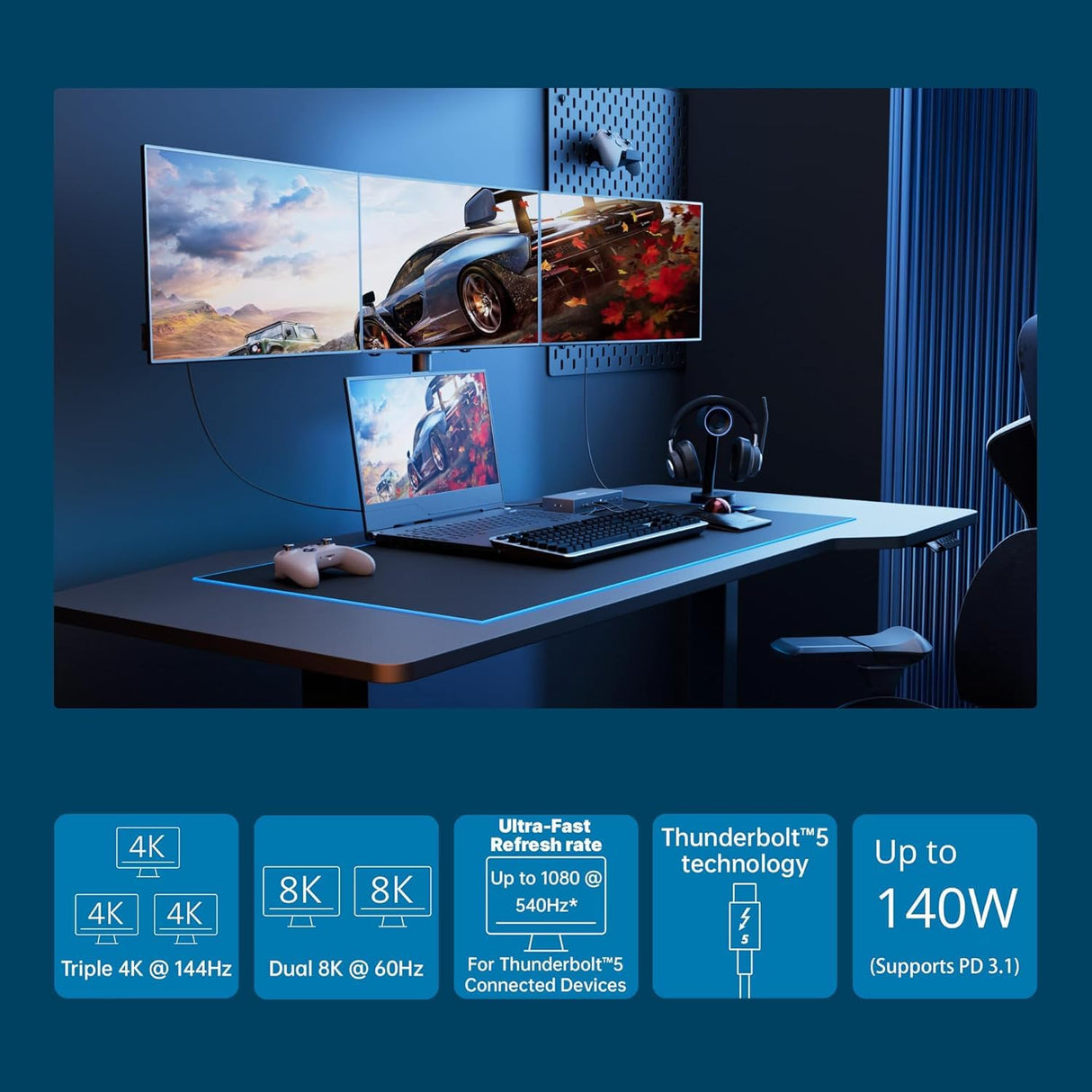 Kensington K35201EU - Estación de Acoplamiento SD5000T5 EQ Thunderbolt 5, Triple Monitor 8K/4K, Lector de Tarjetas SD y Micro SD, Alimentación 140W, 3X Thunderbolt 5, Ethernet y USB 3.2 Gen2, Gris
