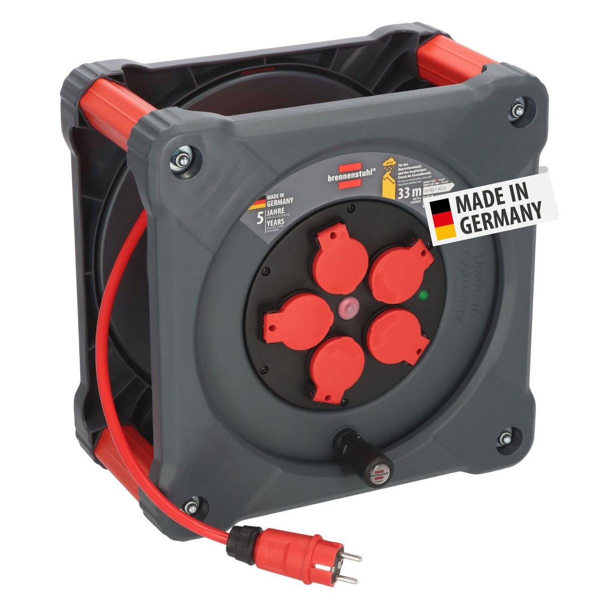 Brennenstuhl Profesional KA 3210 5 IP44 Carrete de cable para instalaciones de construcción (cable H07BQ-F 3G2,5 de 33 m en rojo, 5 enchufes, uso en obra y exterior permanente, fabricado en Alemania)