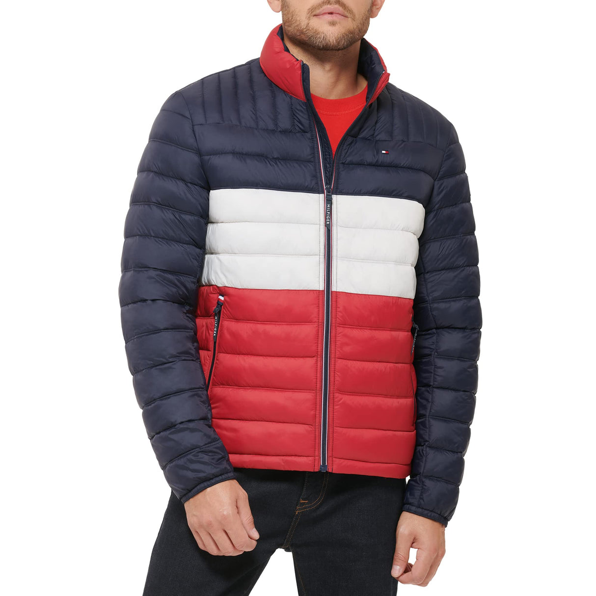 Tommy Hilfiger Ultra Loft Lightweight Packable Puffer Jacket (Standard and Big & Tall) Abrigo Alternativo de plumón, Midnight/Ice/Red Colorblock, L Alto para Hombre