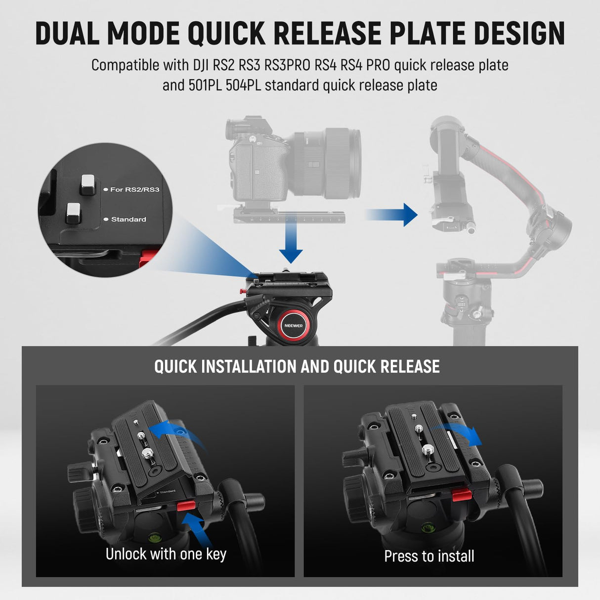 NEEWER Trípode para cámara de Video de 76 Pulgadas con Cabezal Fluido, liberación rápida de un Paso con amortiguación Ajustable, Soporte de trípode de Aluminio Resistente, Placa QR de Modo Dual para