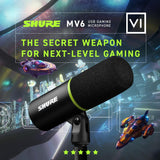 Shure MV6 Microfono par Juegos, Micrófono USB dinámico para PC para Juegos y Streaming - Soporte de Sobremesa de Base Redonda, Cancelación de Ruido de Fondo, Tap-to-Mute, 3.5mm Salida