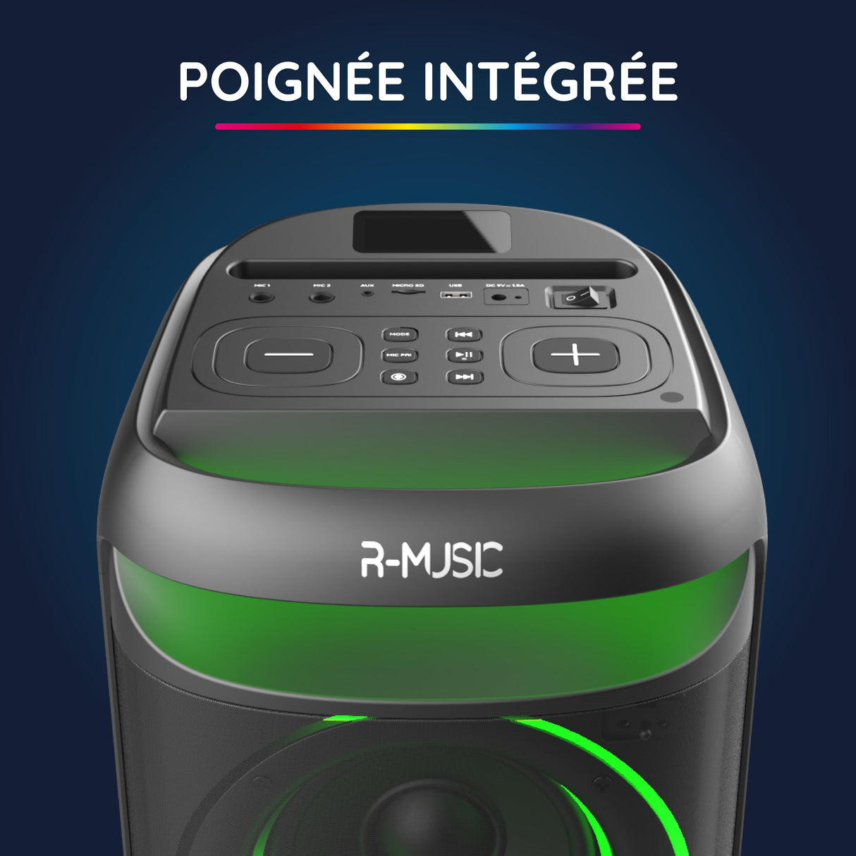 R-MUSIC - Blaster M - Altavoz de Alta Potencia - Bluetooth, Luces RGB, Modo Karaoke, asa integrada, micrófono Incluido, Soporte para teléfono y Tableta integrada - Autonomía 7h