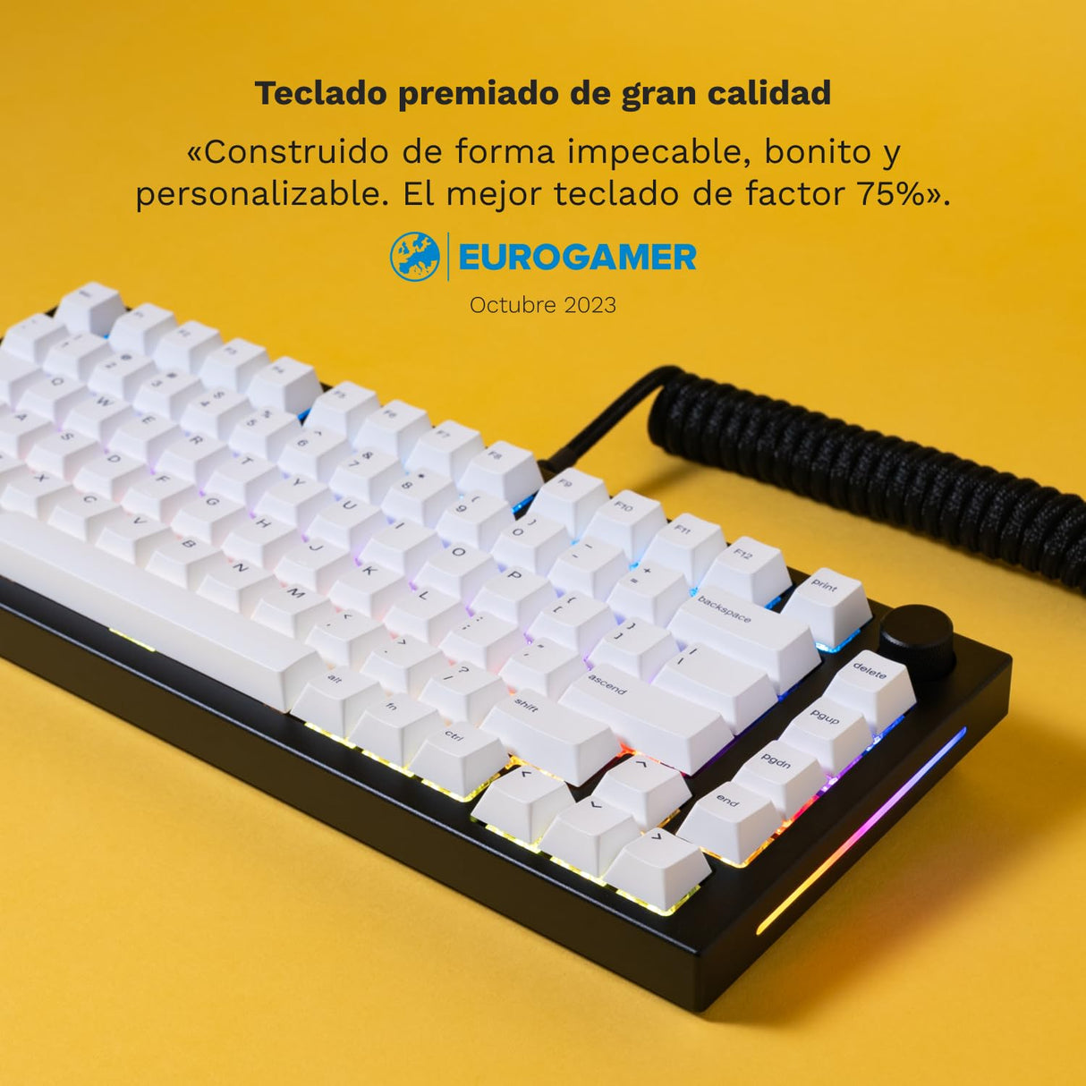 Glorious Gaming GMMK PRO 75% - Teclado gaming mecánico modular, TKL, carcasa de 1,5 kg, personalizable, cable espiral, reposamuñecas, keycaps blancas, RGB, distribuciones QWERTY español - Negro