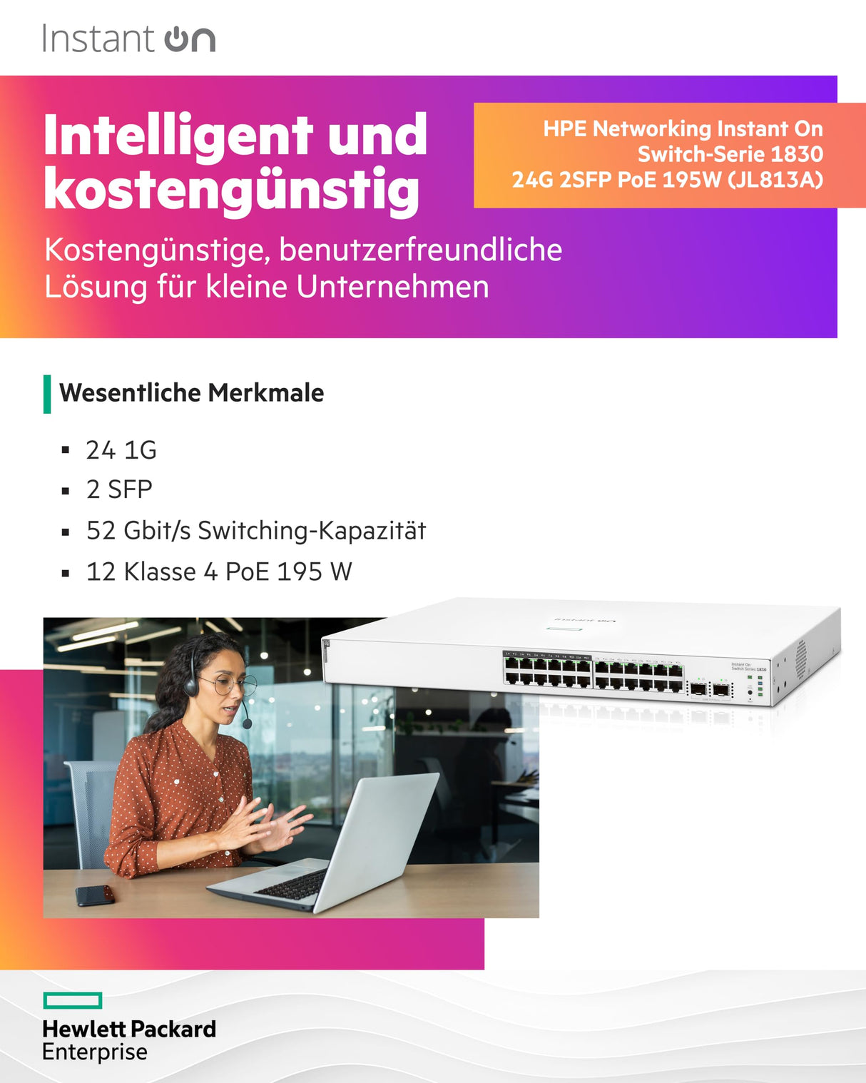 Aruba Instant On 1830 24 Puertos GB | 12 Puertos Clase 4 PoE Smart Switch (195 W) - 24 x 1G | 2 x SFP | EU Europe Cord (JL813A#ABB)