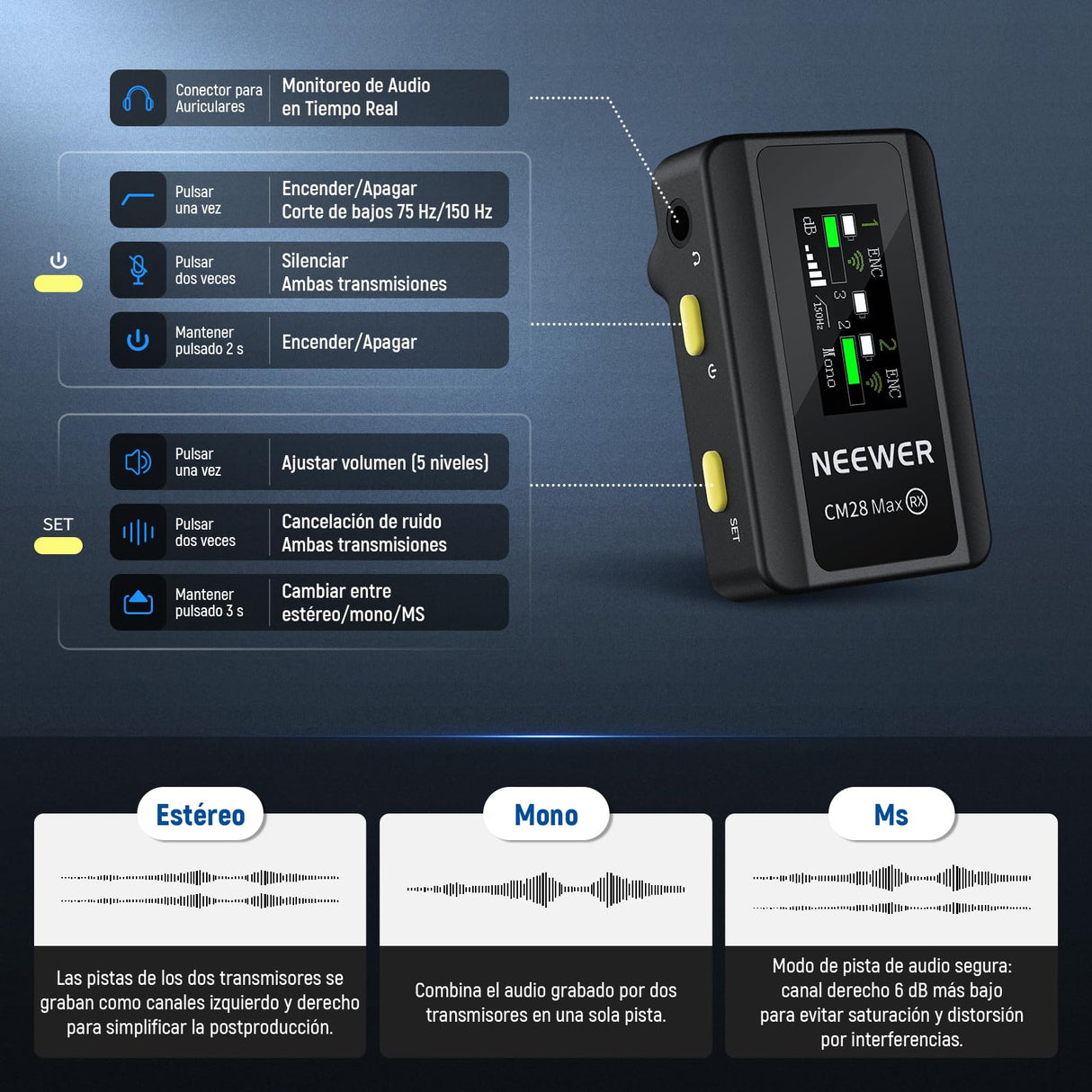 NEEWER CM28 Ultra Inalámbrico Lavalier Solapa Micrófono Sistema Estuche Carga Sin Comprimir 48KHz 24Bit 8GB Almacenamiento Grabación 14H Cancelar Ruido Mini Mic para iPhone iPad Android Cámara PC