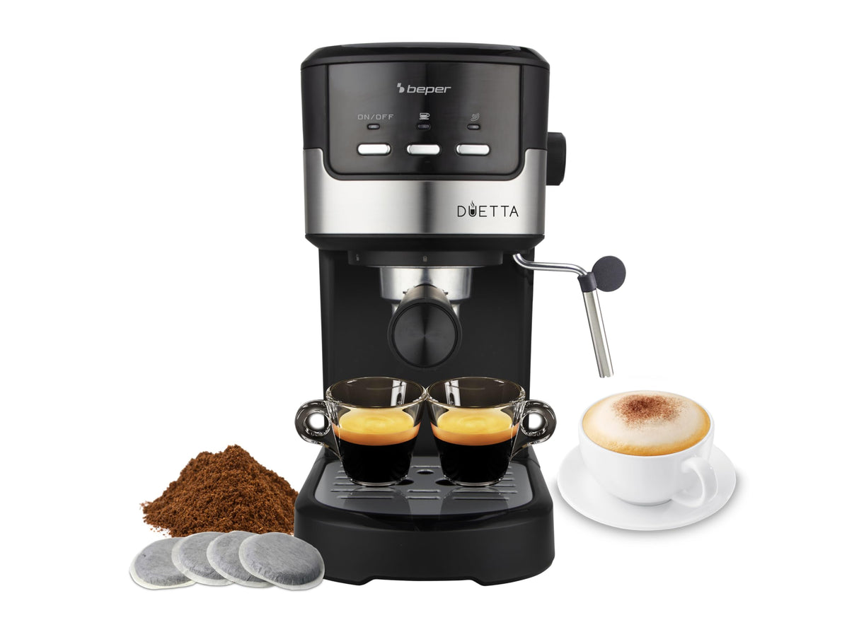 beper P101CAF100 Cafetera Espresso Duetta, 1100W, Compatible con monodosis y café en polvo, Cafetera con brazo de salida doble, 15 bar, Calienta tazas, vaso medidor y prensador incluidos, Negra
