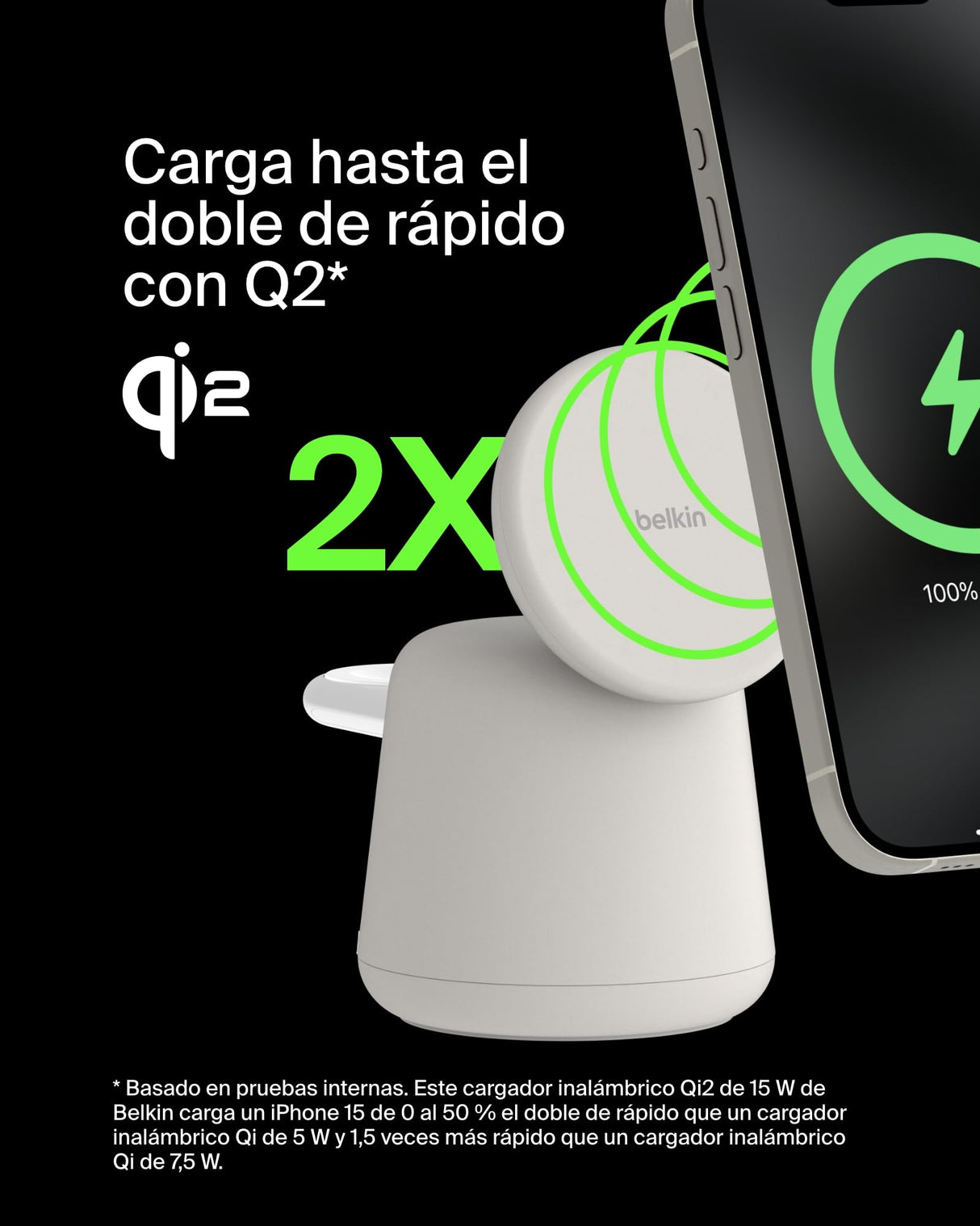 Belkin BoostCharge Pro Cargador inalámbrico 2 en 1 con Qi2 de 15 W, estación de Carga con MagSafe para iPhone Series 16, 15, 14, 13 y 12, Apple Watch, AirPods y Otros, Fuente de alimentación, Beis