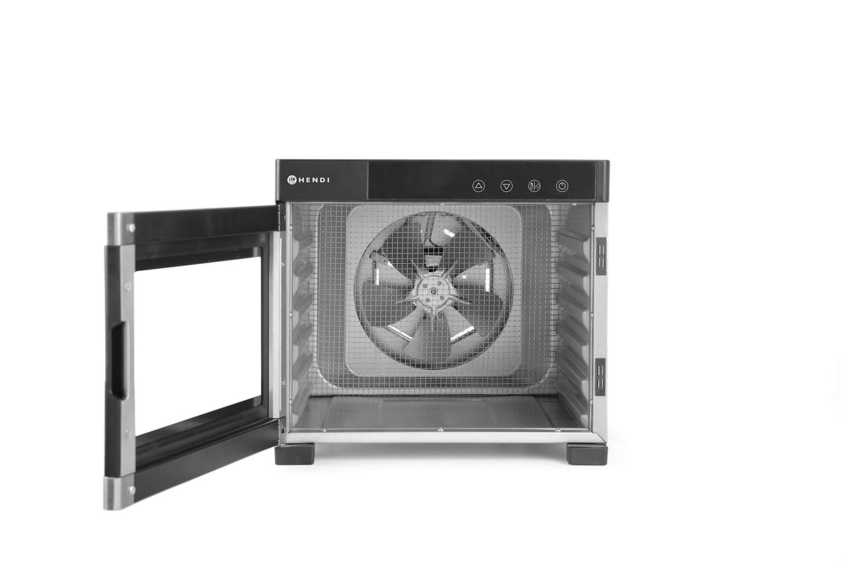 HENDI Deshidratador de alimentos, con 6 bandejas, secador eléctrico de frutas y verduras, temporizador de 24 hrs, temperatura regulable 35°-75°C, 230V, 600W, 340x450x(H)311mm, acero inoxidable, PP