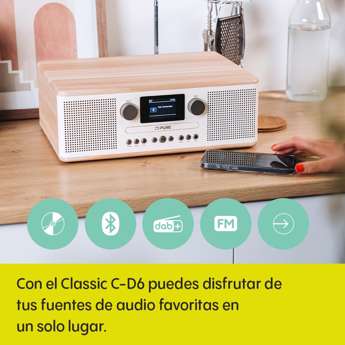Pure Classic C-D6 Equipo de música (Reproductor de CD, Dab+/FM, Bluetooth, AUX, USB, Alarma Sleeptimer) Blanco algodón/Roble