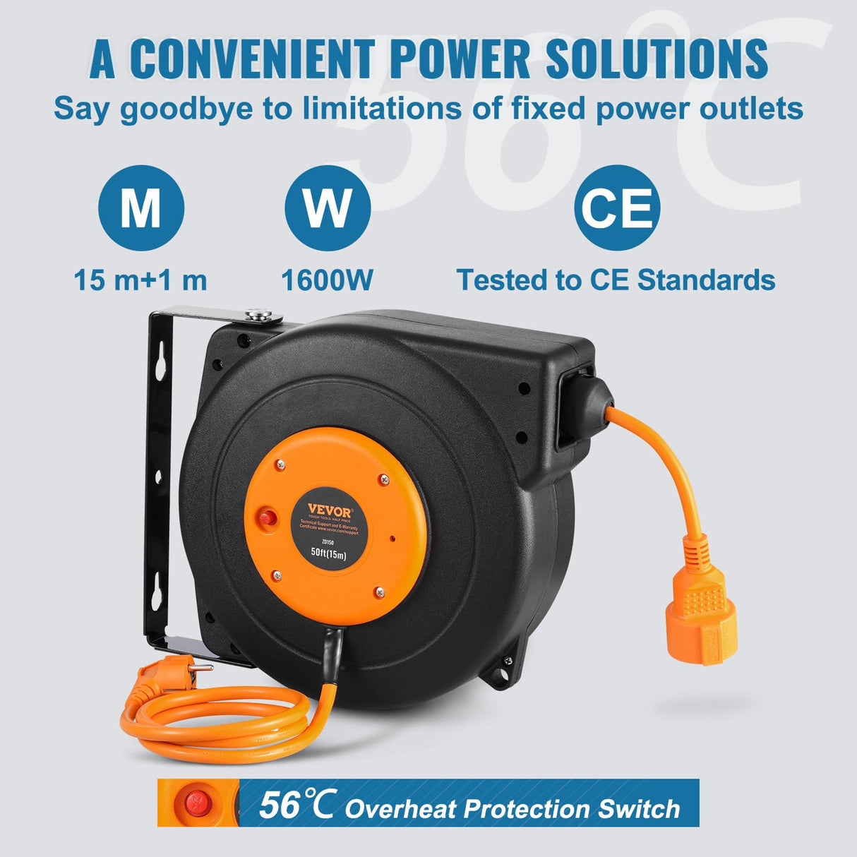 VEVOR Carrete de Cable de Extensión Retráctil 15 m 1600 W con Cable de Alimentación de 1 m Protección contra Sobrecalentamiento Carcasa de PP, Soporte Giratorio de 180° para Montaje en Techo, Pared