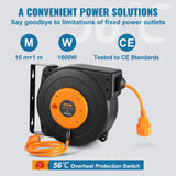VEVOR Carrete de Cable de Extensión Retráctil 15 m 1600 W con Cable de Alimentación de 1 m Protección contra Sobrecalentamiento Carcasa de PP, Soporte Giratorio de 180° para Montaje en Techo, Pared