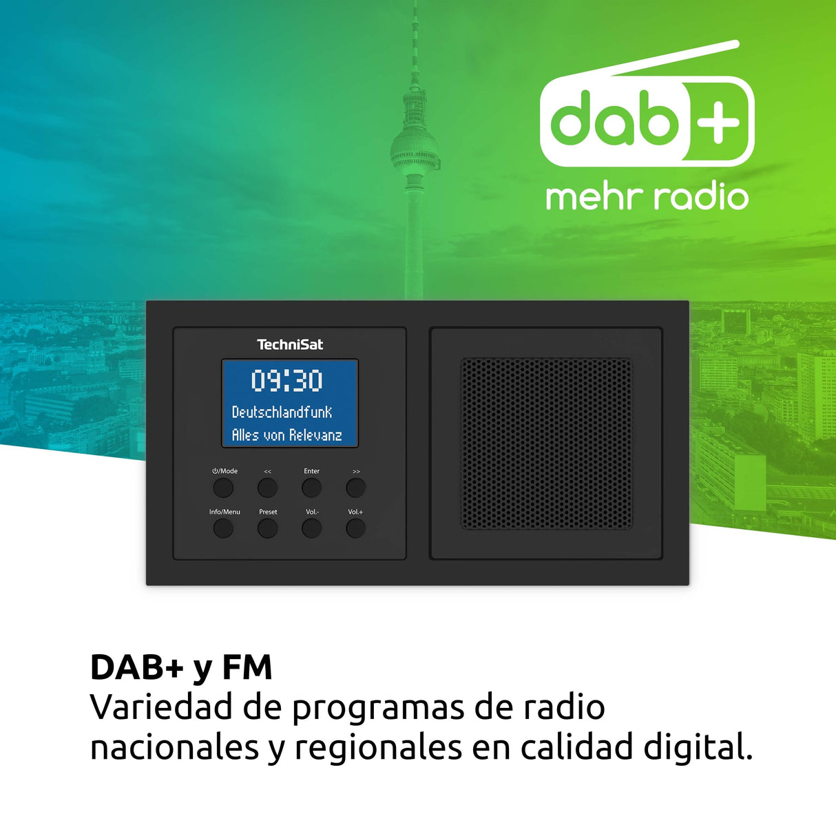 TechniSat DIGITRADIO UP 1 - Radio Dab+ Empotrable para su Instalación en Enchufes Dobles (Dab, FM, Bluetooth, Pantalla LCD Regulable, Despertador, Temporizador para Dormir, 2 Vatios RMS) Negro