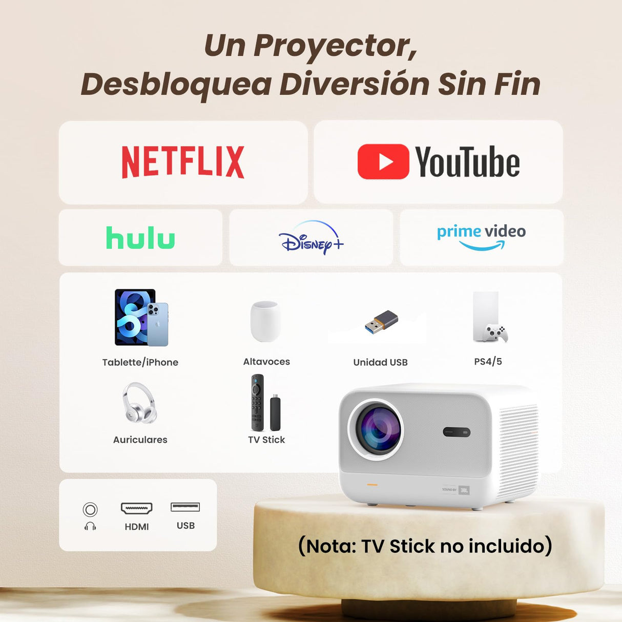 YABER Proyector Portátil 4K Full HD 1080P Nativo con Sonido JBL & Enfoque Automático 1s, WiFi 6 Bluetooth, para Cine en Casa/Exterior Compatible con Móvil/iOS/Android/TV Stick/PS5/HDMI