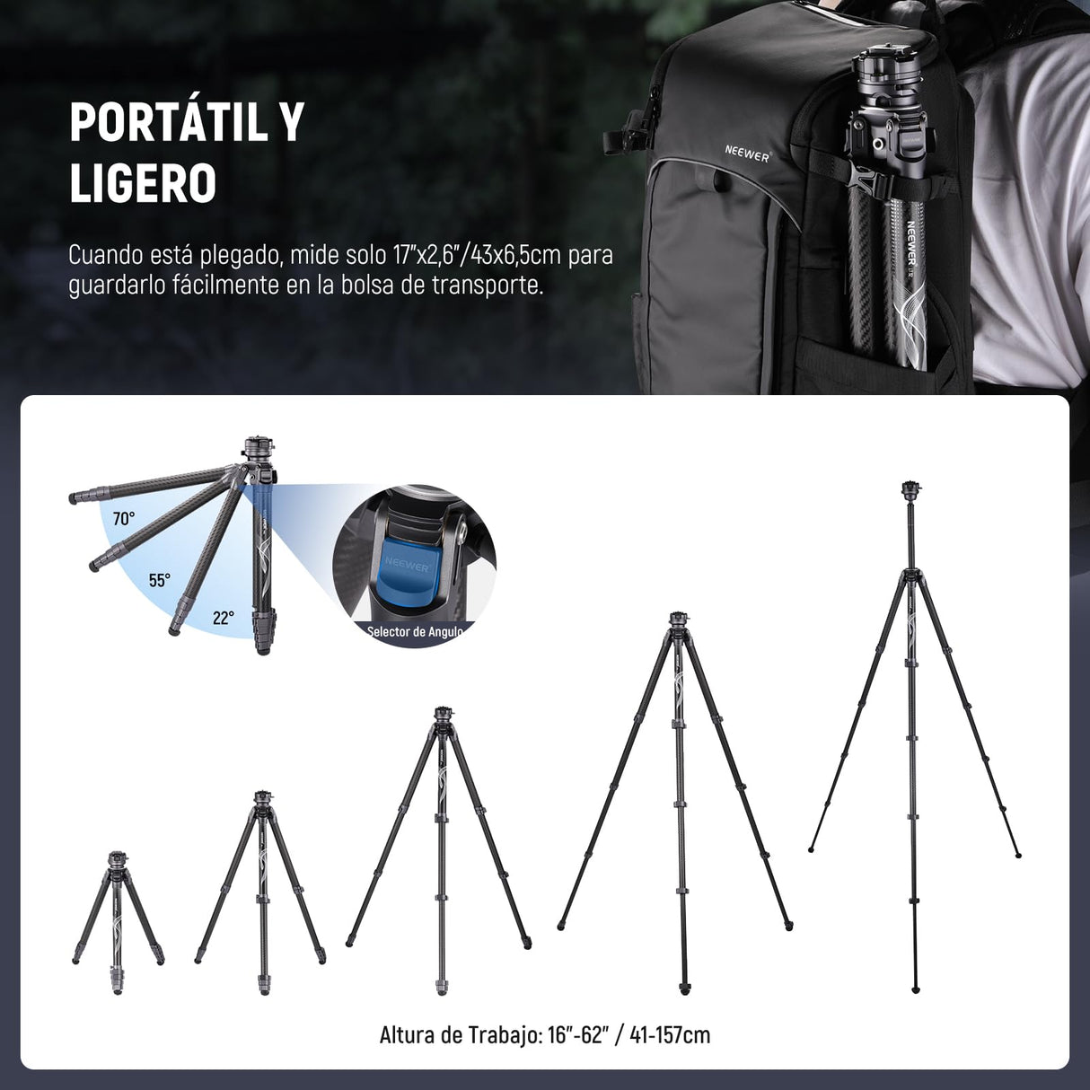 NEEWER LITETRIP LT32 62" Trípode de Viaje de Fibra Carbono con Base Niveladora de ±15°, Eje Central Desmontable, Hebilla de Giro Rápido, Placa QR Tipo Arca Compatible con Peak Design Capture V3