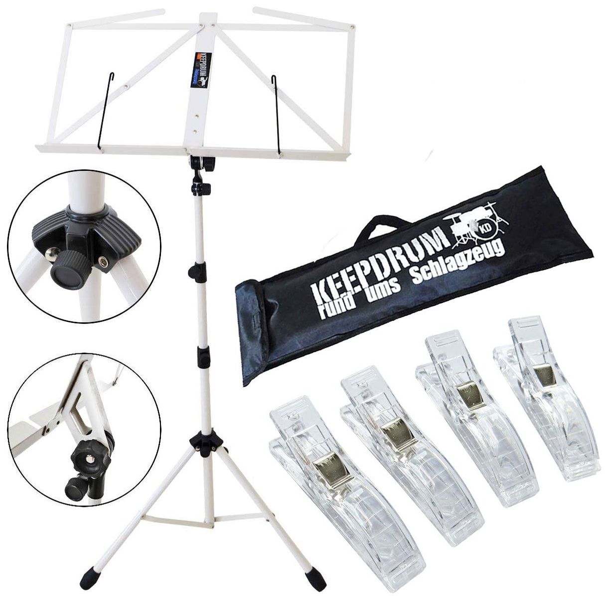 Keepdrum MUS3 WH - Atril para partituras (incluye funda y 4 pinzas), color blanco