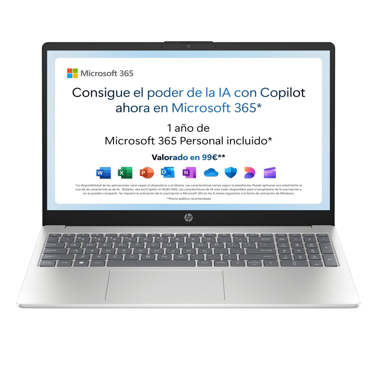 HP 15-fd0186ns - Ordenador portátil de 15.6" FHD (Intel N100, 4GB RAM, 128GB UFS, Intel UHD, Windows 11) Plata - Teclado QWERTY Español - Incluye Microsoft 365 Personal 12 Meses