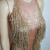 YUANTONG Body de diamantes de imitación dorado para mujer, con flecos, top de baile, leotardo, drag Queen, trajes