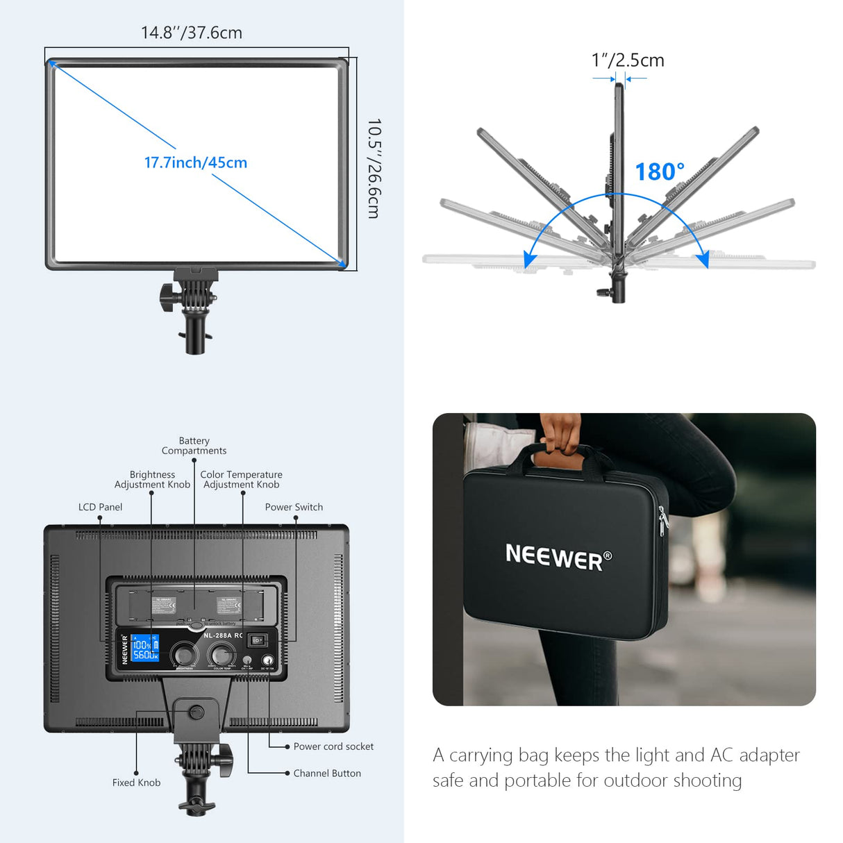 NEEWER NL288 Luz de Video LED con 2.4G Control Remoto 45W 4800Lux 3200K-5600K CRI 97+ Regulable Bicolor 18" Panel de Iluminación para Fotografía Youtube Live Streaming Videoconferencia Zoom Meeting