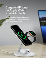 Belkin soporte de carga inalámbrica 3 en 1 con MagSafe, cargador magnético Qi2 de 15 W, carga rápida para iPhone 16, 15, 14 y 13, AirPods, Apple Watch y otros (fuente de alimentación incluida), blanco