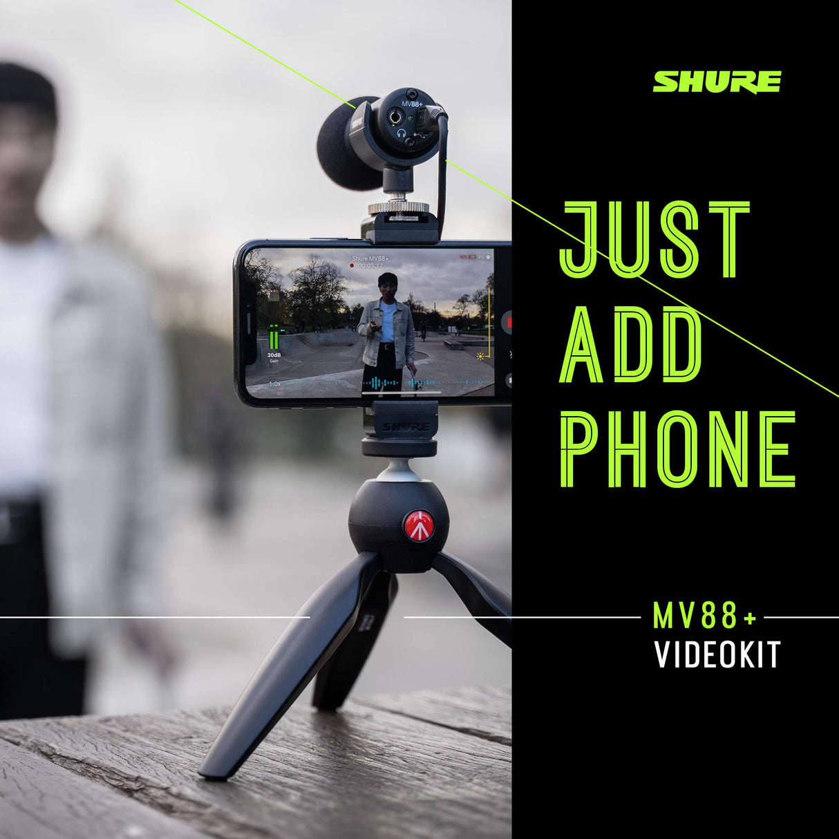 Shure MV88+ Micrófono de Condensador Kit de vídeo estéreo Digital para Apple y Android, con Cable, con trípode Manfrotto PIXI, Abrazadera para teléfono, Soporte y Cables iOS y USB-C