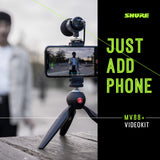 Shure MV88+ Micrófono de Condensador Kit de vídeo estéreo Digital para Apple y Android, con Cable, con trípode Manfrotto PIXI, Abrazadera para teléfono, Soporte y Cables iOS y USB-C