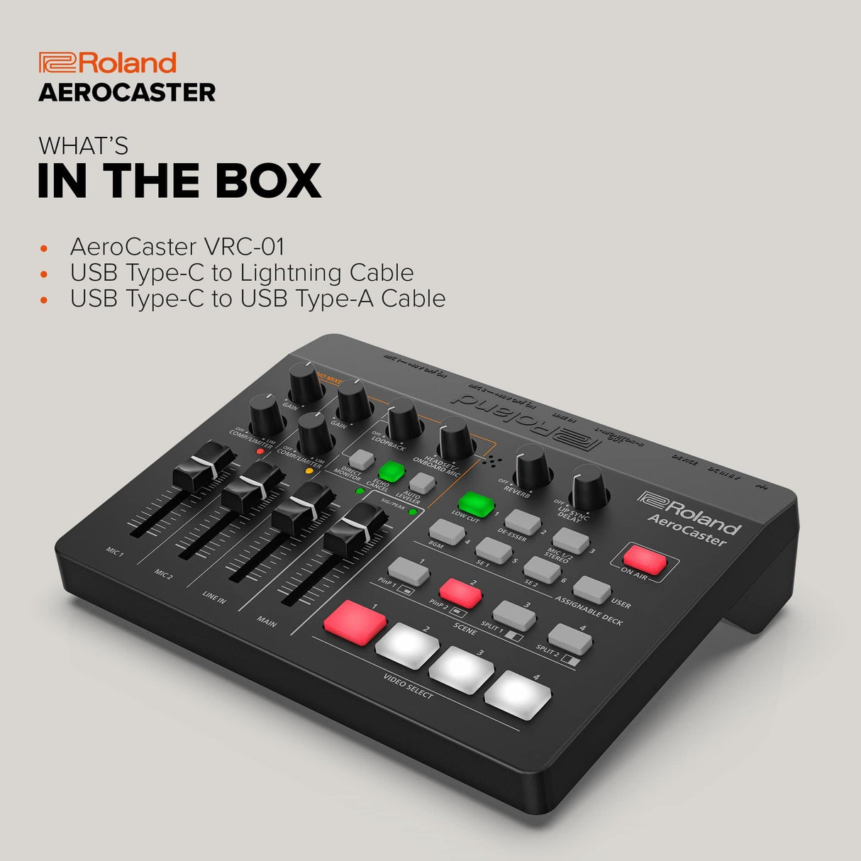 Sistema de livestreaming Roland AeroCaster VRC-01 — Potente solución de producción multicámara inalámbrica con interfaz de audio/controlador de hardware y completa app para iPad