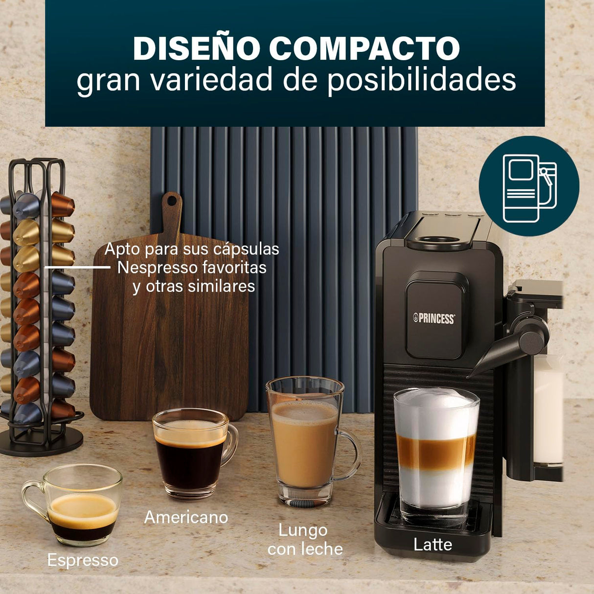 Princess Capsule and Latte Pro Cafetera de Cápsulas, Compatible Nespresso, Leche Automática, 20 Bares, 1400W, Libre de BPA, Partes Lavables, Apagado Automático, 01.249455.01.001