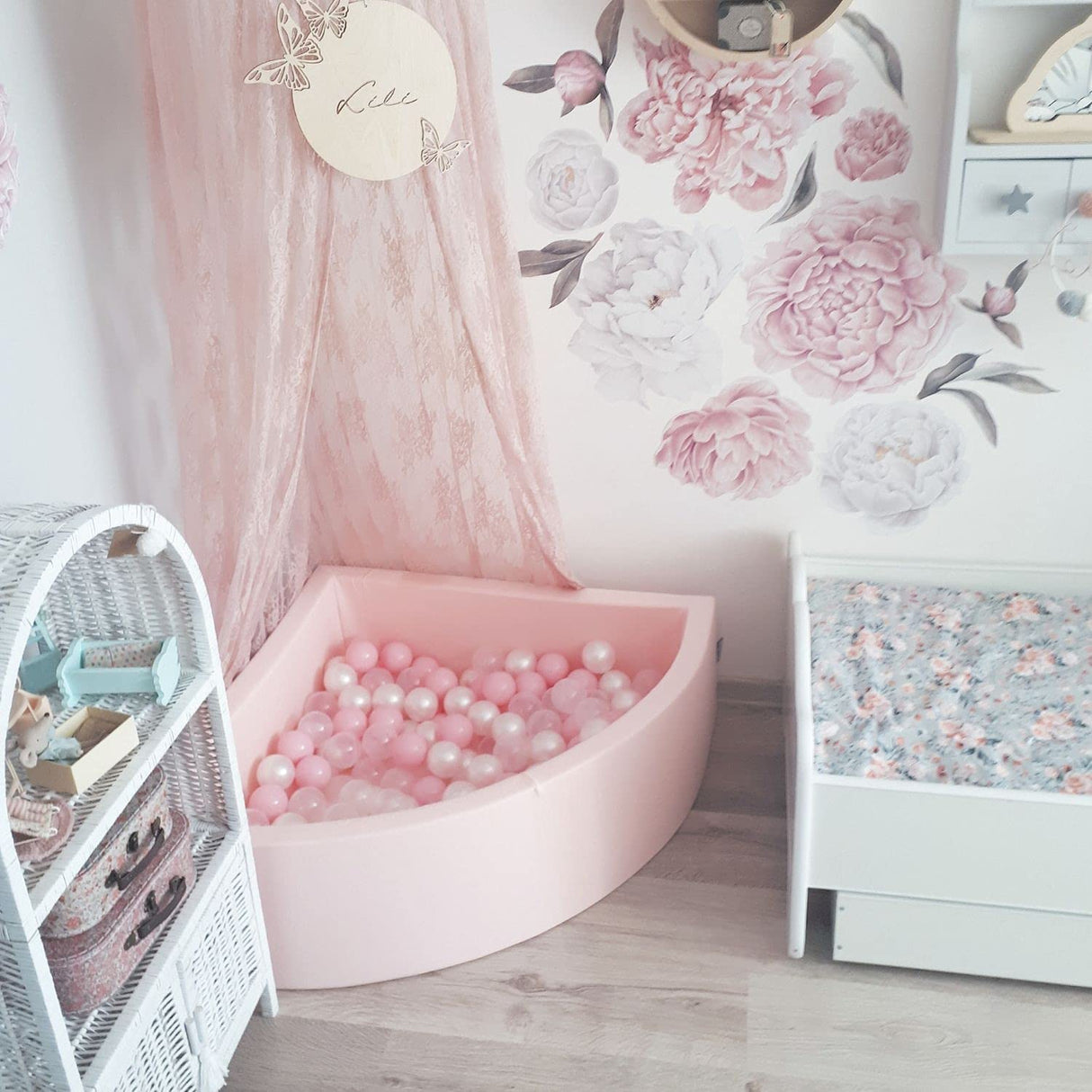 KiddyMoon 90X30cm/200 Bolas ∅ 7Cm Piscina De Bolas para Ninos Hecha En La UE, Rosa:Rosa Clr/Perla/Transparente