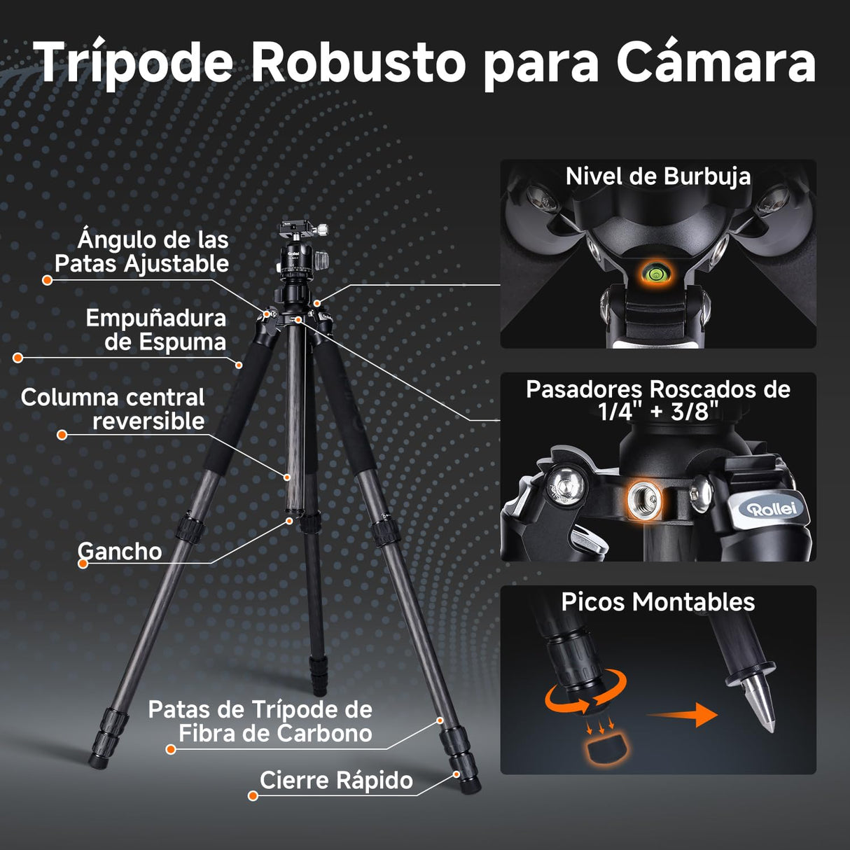 Rollei Rock Solid Beta Mark III, 178,5cm Tripode Fibra de Carbono Trípode Cámara Negro con Capacidad de Carga de 24kg Camera Tripod Flexible con Función de Monopié para Fotografía Profesional
