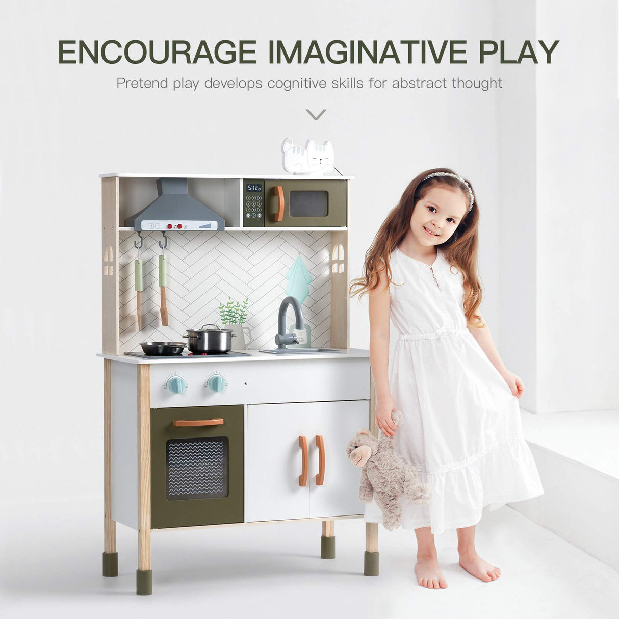 ROBUD Cocina Infantil de Madera con luz y Sonido, Juegos de Juguetes de Cocina para niños, Accesorios, Campana extractora, Horno microondas, para niños pequeños a Partir de 3 años
