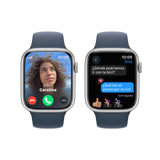 Apple Watch Series 9 [GPS + Cellular] Smartwatch con Caja de Aluminio en Plata de 45 mm y Correa Deportiva Azul tempestad - Talla S/M. Monitor de entreno, App Oxígeno en Sangre, Resistencia al Agua