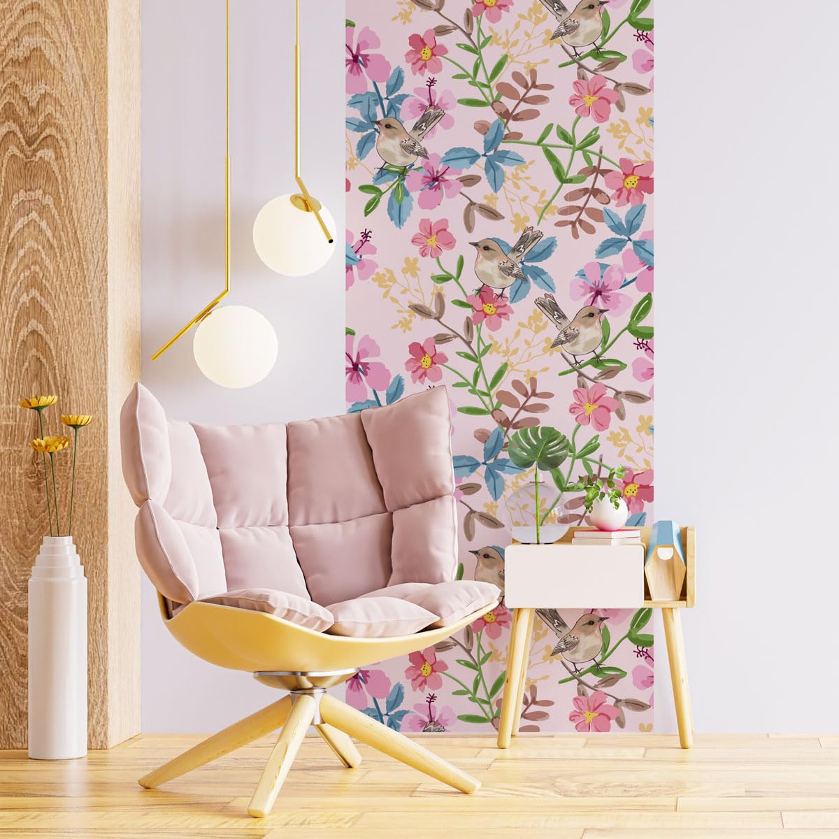 Ambiance - Adhesivo decorativo para papel pintado (300 x 60 cm), diseño de flores y gorriones