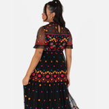 Maya Deluxe Women's Ladies Maxi Dress Short Sleeve High Neck Embroidered Ruffle Frilly Tulle A-Line For Occasion Evening Ball Gown Vestido, Negro, 42 para Mujer