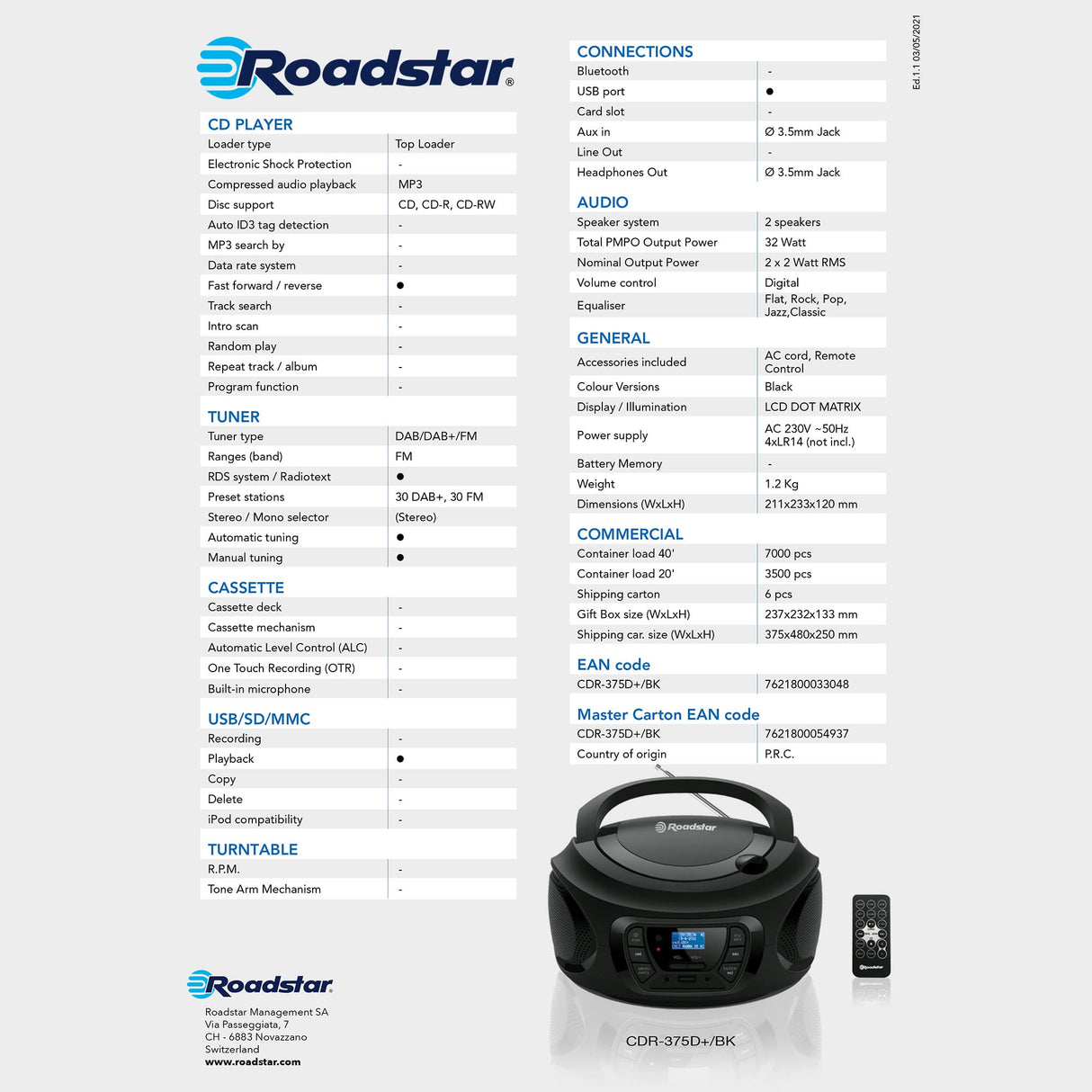 Roadstar Radio Portátil CDR-375D+/BK Radio CD Player Portátil Dab/Dab+ / FM, Boombox Reproductor CD-MP3, Puerto USB, Stereo, Mando a Distancia, AUX-IN, Salida de Auriculares, Negro
