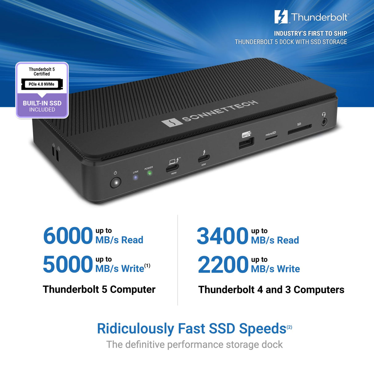 Sonnet Echo 13 Thunderbolt 5 [4TB] SSD Dock-AlmacenamientoNVMe 6000MB/sintegrado, 4 Puertos Thunderbolt 5, 4 USB-A, 2.5Gb Ethernet, Pantalla 8K-Mac,Windows, Chromebook, iPad Pro