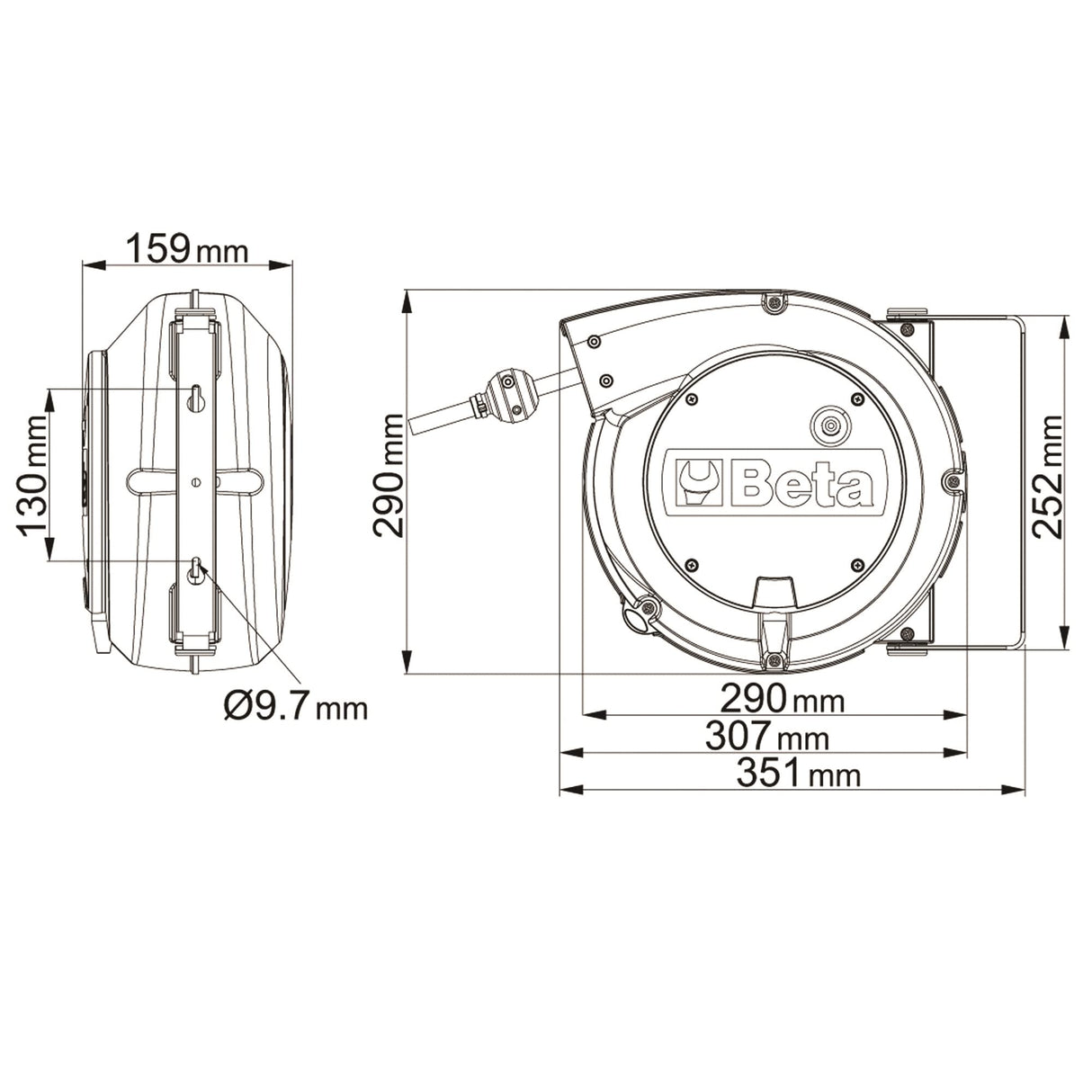 BETA - 1844 15-H05/SCK Bobinadora automática con cable 3Gx1,5 mm² y enchufe schuko, longitud del cable fuera de la carcasa 1 m, con soporte giratorio de 180° y segundo soporte de enclavamiento rápido,