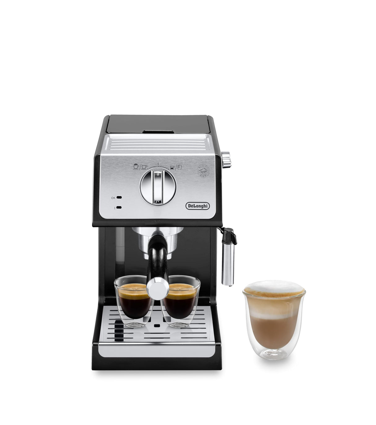 De'longhi - Cafetera de Bomba Tradicional para Espresso y Cappuccino, para Café Molido y Monodosis, 2 Tazas Simultáneamente, Depósito de Agua de 1.1l, 1100 W, ECP 33.21, Negro y Plata