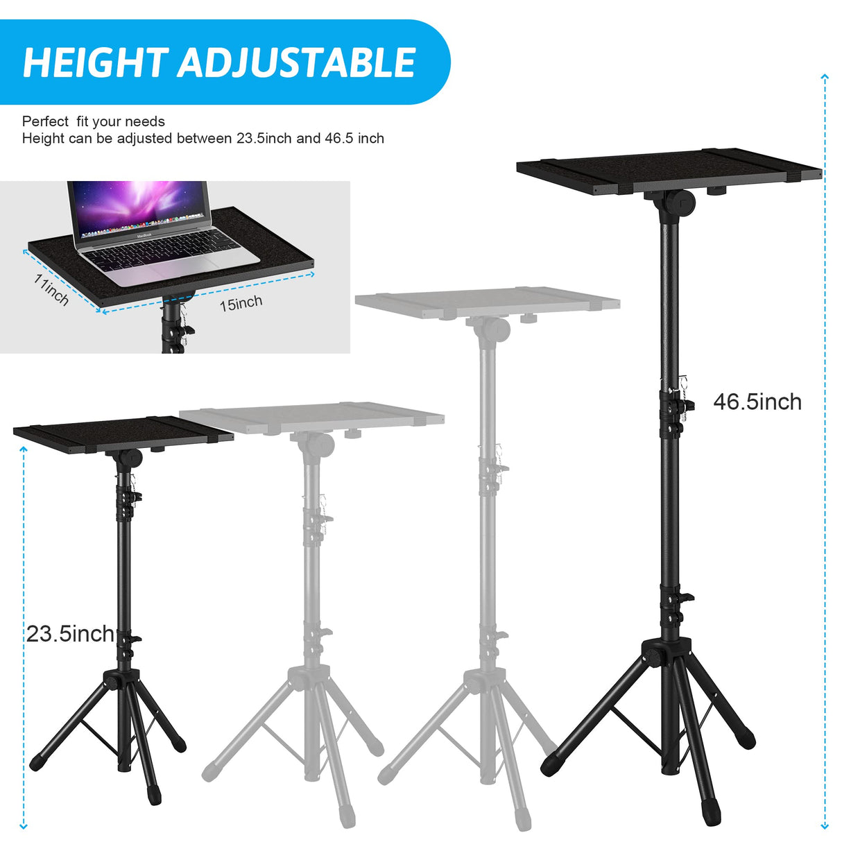 DECOSIS Trípode para proyector de 23.5 a 46.5 pulgadas, soporte de trípode para laptop de altura ajustable con soporte de teléfono de cuello de cisne, soporte de suelo para laptop para oficina, hogar,