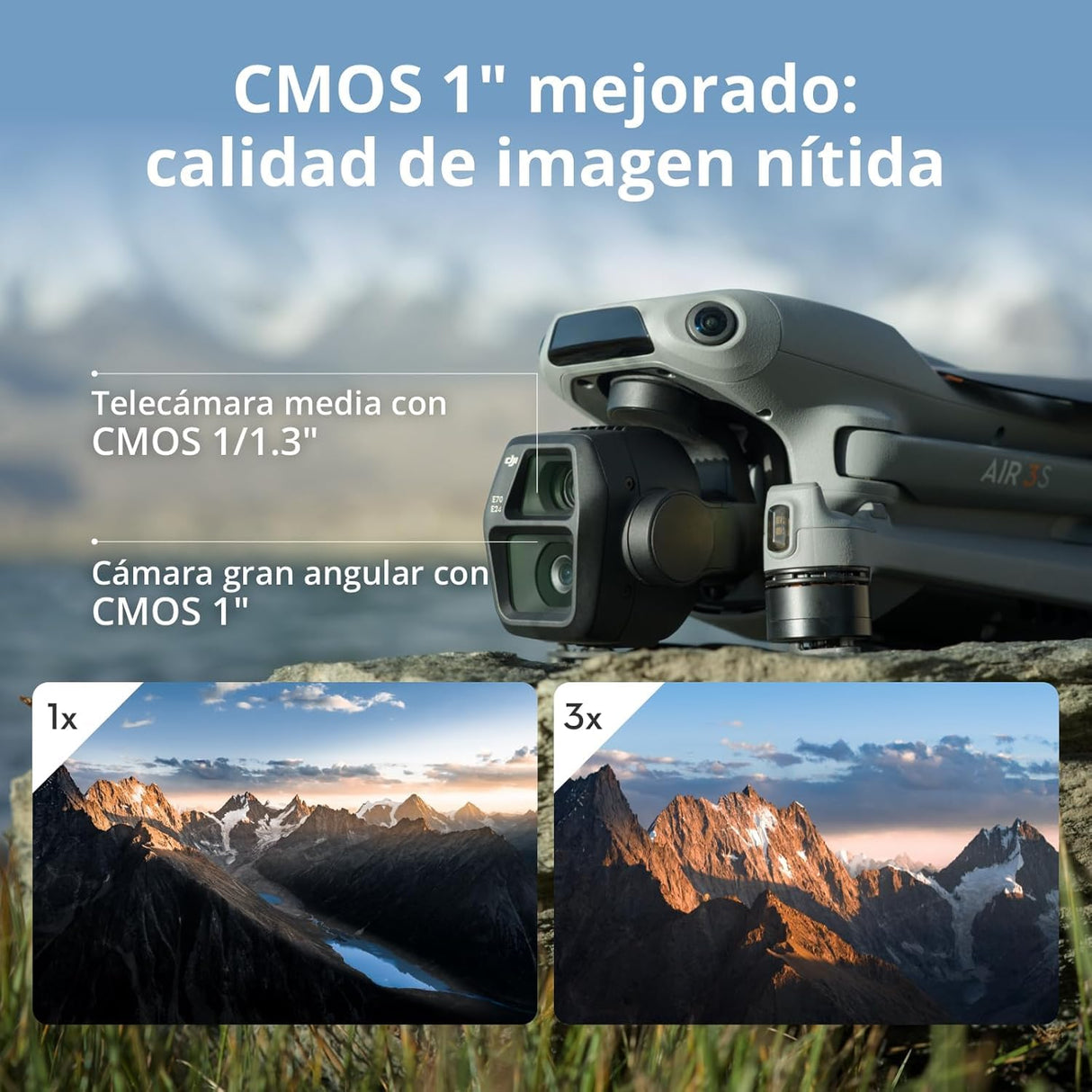 DJI Air 3S Fly More Combo (Mando a Distancia RC 2 Con Pantalla) con Accesorios Versátiles, Dron Con Cámara CMOS de 1»Gran Angular y Teleobjetivo Medio, 4K/60fps, Detección Omnidireccional y3 baterías.