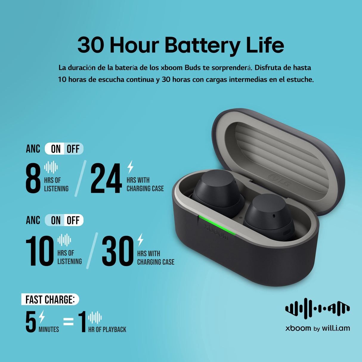 LG xboom Buds, Auriculares Bluetooth con cancelación Activa de Ruido, Negro