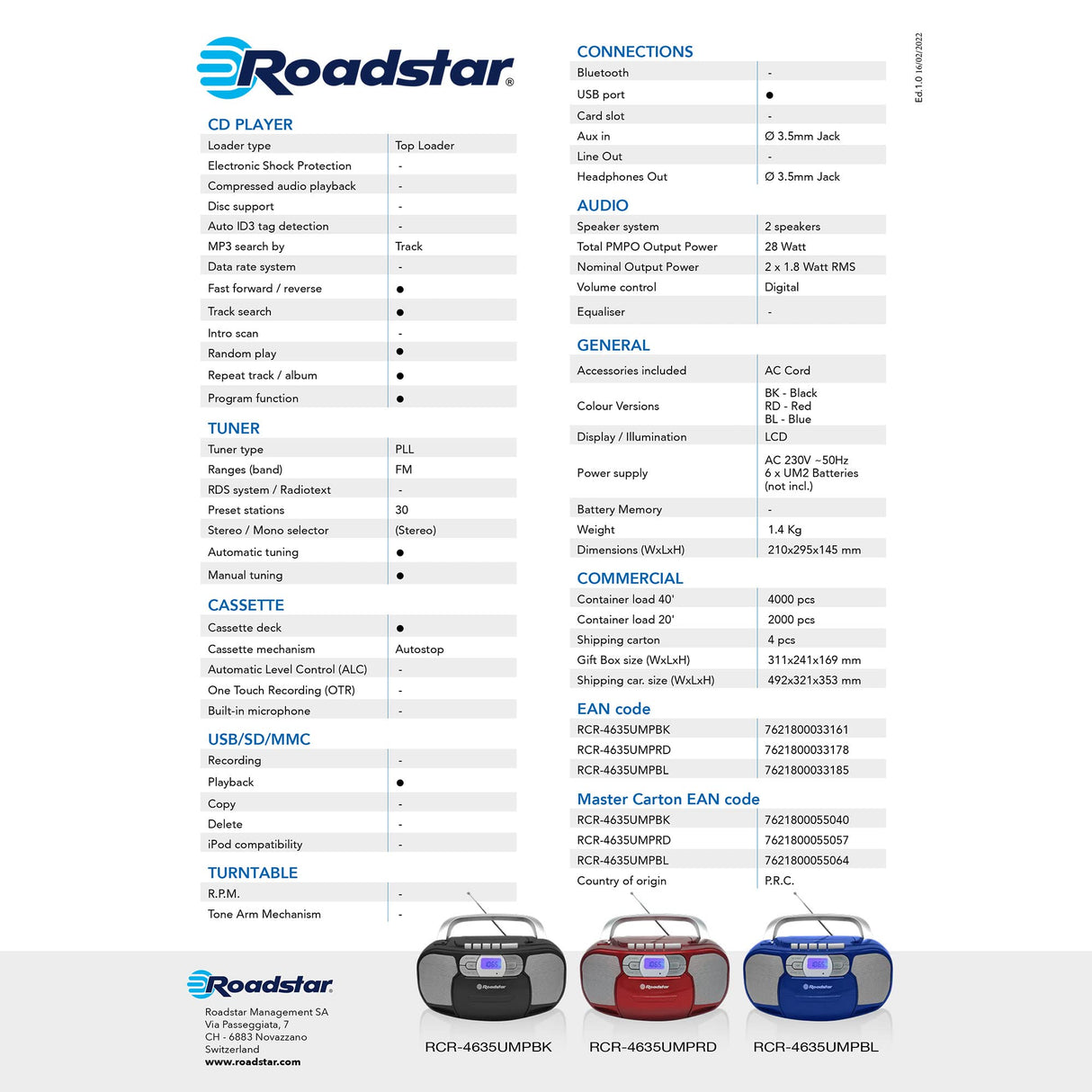Roadstar RCR-4635UMP/BL Radio CD Portátil Cassette, Radio Digital PLL FM, Boombox Reproductor CD-MP3, USB, AUX-IN, Salida de Auriculares, Azul